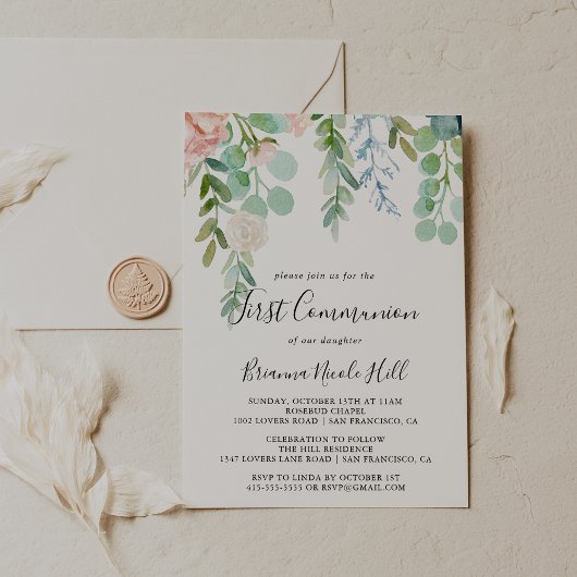 Invitation Première communion florale tropicale colorée
