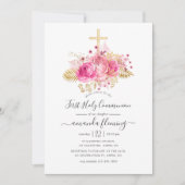 Invitation Première communion florale tropicale rose et or (Devant)