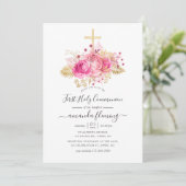 Invitation Première communion florale tropicale rose et or (Debout devant)