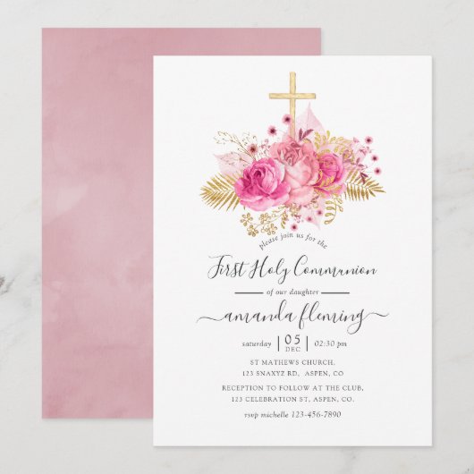 Invitation Première communion florale tropicale rose et or (Devant / Derrière)