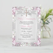 Invitation Première communion florale vintage rustique rose (Debout devant)