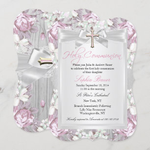 Invitation Première communion florale vintage rustique rose