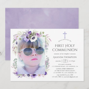 Invitation Première communion florale violet poussiéreux