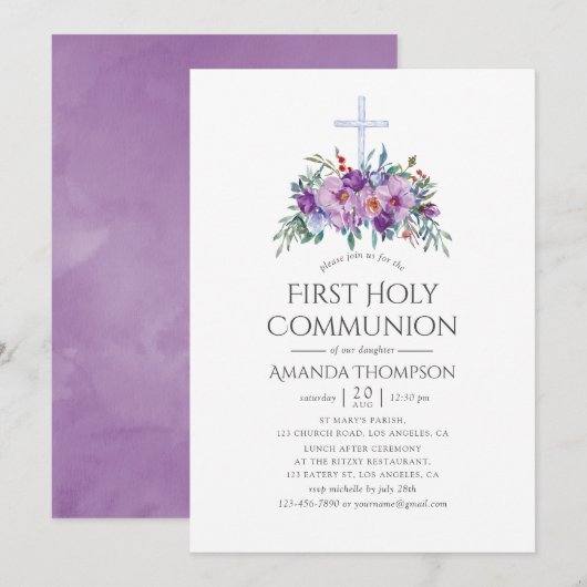Invitation Première communion florale violette (Devant / Derrière)