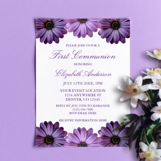 Invitation Première communion florale violette