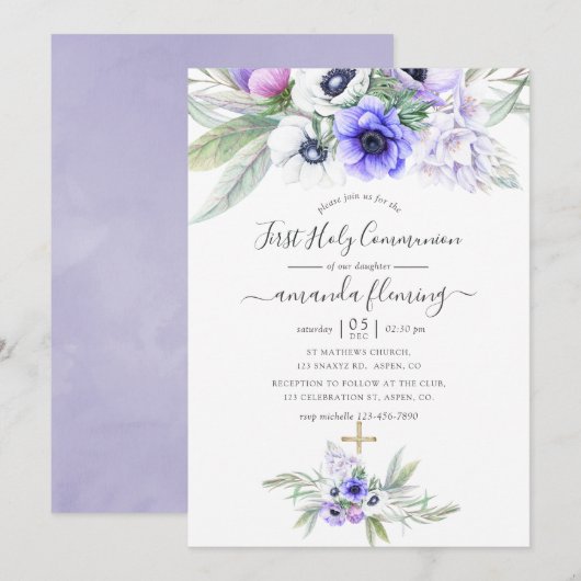 Invitation Première communion florale violette pastel (Devant / Derrière)