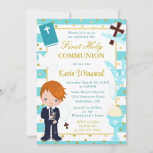 Invitation Première communion garçon aux cheveux roux rayures