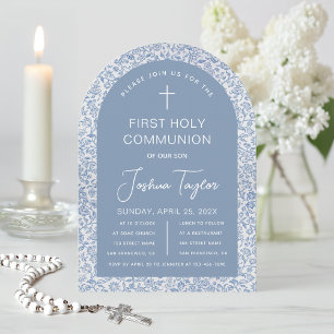 Invitation Première communion garçon bleu à arches motif flor