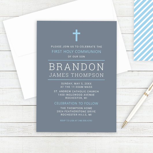 Invitation Première communion garçon bleu ardoise rayures mod