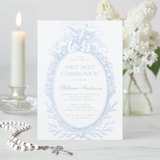 Invitation Première communion garçon bleu blanc Esprit Saint