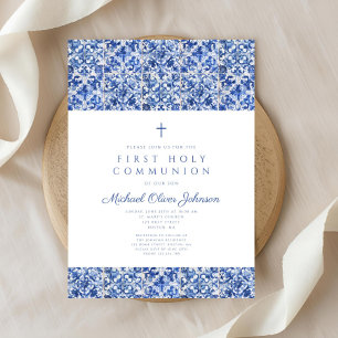 Invitation Première communion garçon carreaux bleus croix élé