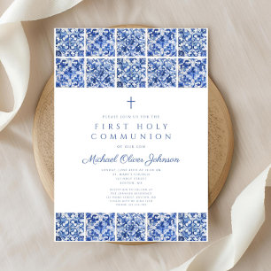 Invitation Première communion garçon carreaux bleus croix élé