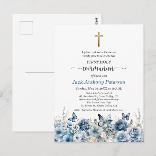 Invitation Première Communion Garçon Croix d'Or Fl (Devant / Derrière)