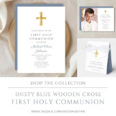 Invitation Première communion garçon croix rayures bleues mod