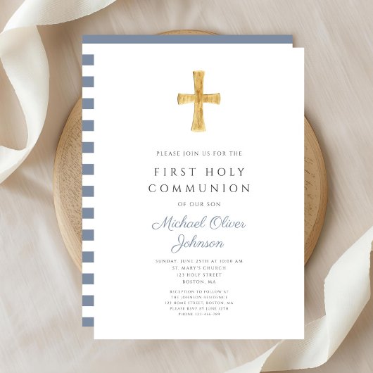 Invitation Première communion garçon croix rayures bleues mod