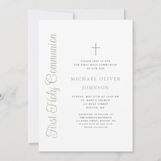 Invitation Première communion garçon écriture vert sauge élég (Devant)