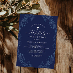 Invitation Première communion garçon feuille florale bleue él