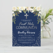 Invitation Première communion garçon floral bleu argent (Debout devant)