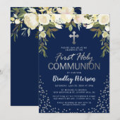 Invitation Première communion garçon floral bleu argent (Devant / Derrière)