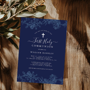 Invitation Première communion garçon motif floral bleu