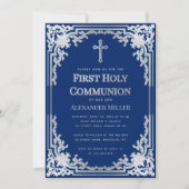 Invitation Première communion Garçon Royal Blue Faux Silver C (Devant)