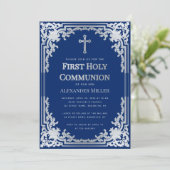 Invitation Première communion Garçon Royal Blue Faux Silver C (Debout devant)