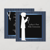Invitation Première communion garçons chapelet rayure bleu bl (Devant / Derrière)
