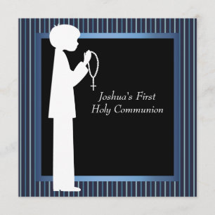 Invitation Première communion garçons chapelet rayure bleu bl