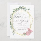 Invitation Première communion géométrique Eucalyptus Rose (Devant)