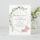 Invitation Première communion géométrique Eucalyptus Rose (Debout devant)