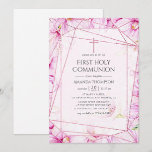 Invitation Première communion géométrique Rose Gold & Magnoli