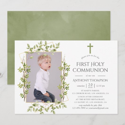 Invitation Première communion géométrique verdoyante (Devant / Derrière)