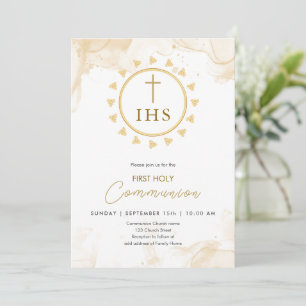 Invitation Première Communion Gold avec IHS lettrer l'invitat