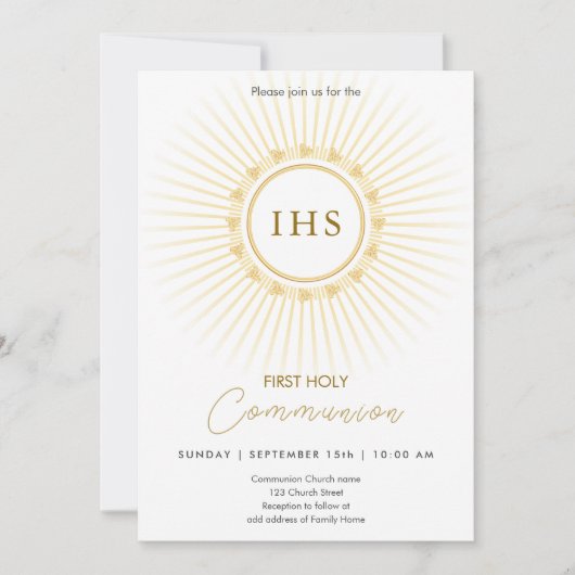 Invitation Première Communion Gold avec IHS lettrer l'invitat (Devant)