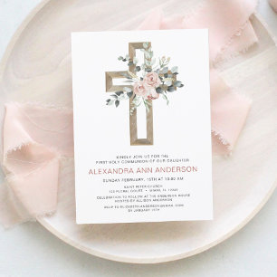 Invitation Première Communion Gold Cross Blush rose Floral