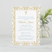 Invitation Première communion Gold Damask avec Blue (Debout devant)