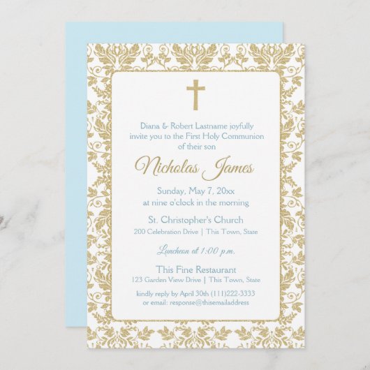 Invitation Première communion Gold Damask avec Blue (Devant / Derrière)