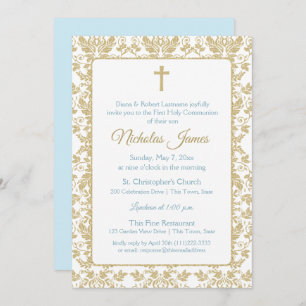 Invitation Première communion Gold Damask avec Blue