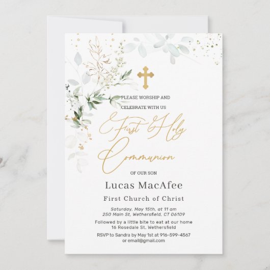 Invitation Première communion Green Gold Foliage Cross (Devant)