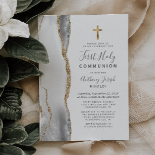 Invitation Première communion gris blanc agate or paillettes