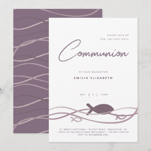 Invitation Première Communion - Ichthys Poisson Violet Modern