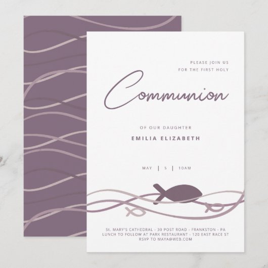 Invitation Première Communion - Ichthys Poisson Violet Modern (Devant / Derrière)