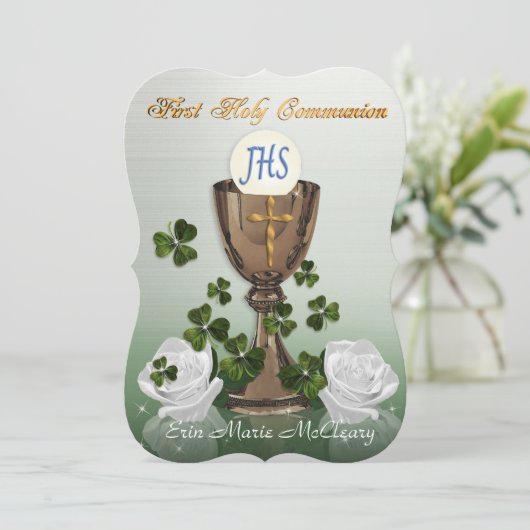 Invitation Première communion irlandaise avec shamrock (Debout devant)