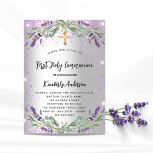 Invitation Première communion lavande argent violet scintille