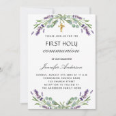 Invitation Première communion lavande eucalyptus fleurs viole (Devant)