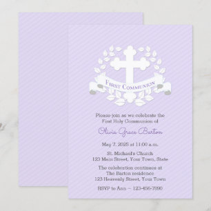 Invitation Première communion Leaf Laurel Cross Lilac