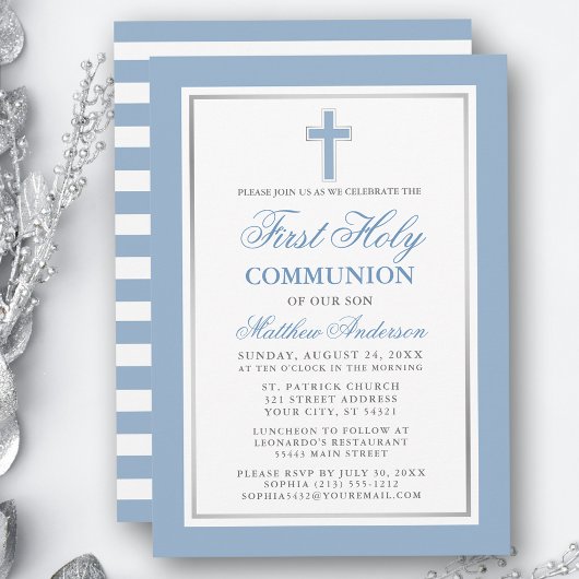Invitation Première Communion Lumière Bleu Argent rayé