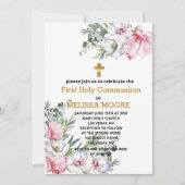 Invitation Première Communion magnolia rose fleurs blanches (Devant)