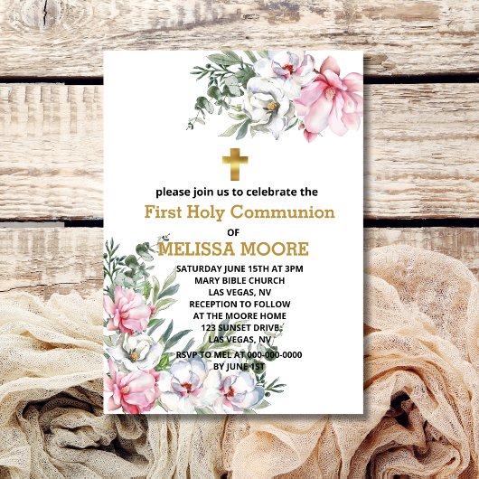 Invitation Première Communion magnolia rose fleurs blanches