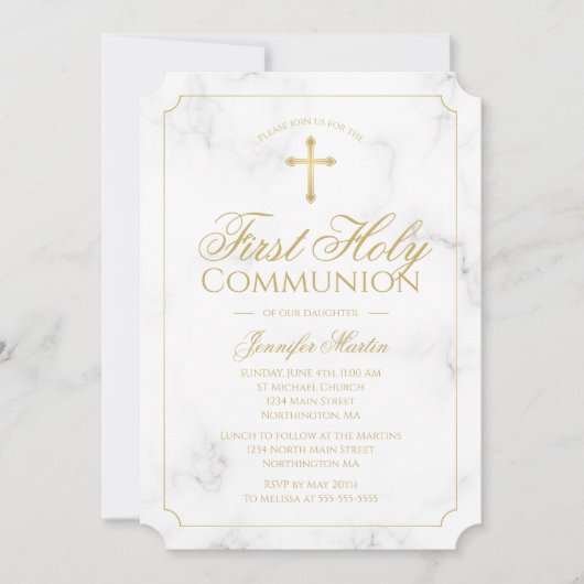 Invitation Première Communion Marbre Élégant Gold Script Girl (Devant)